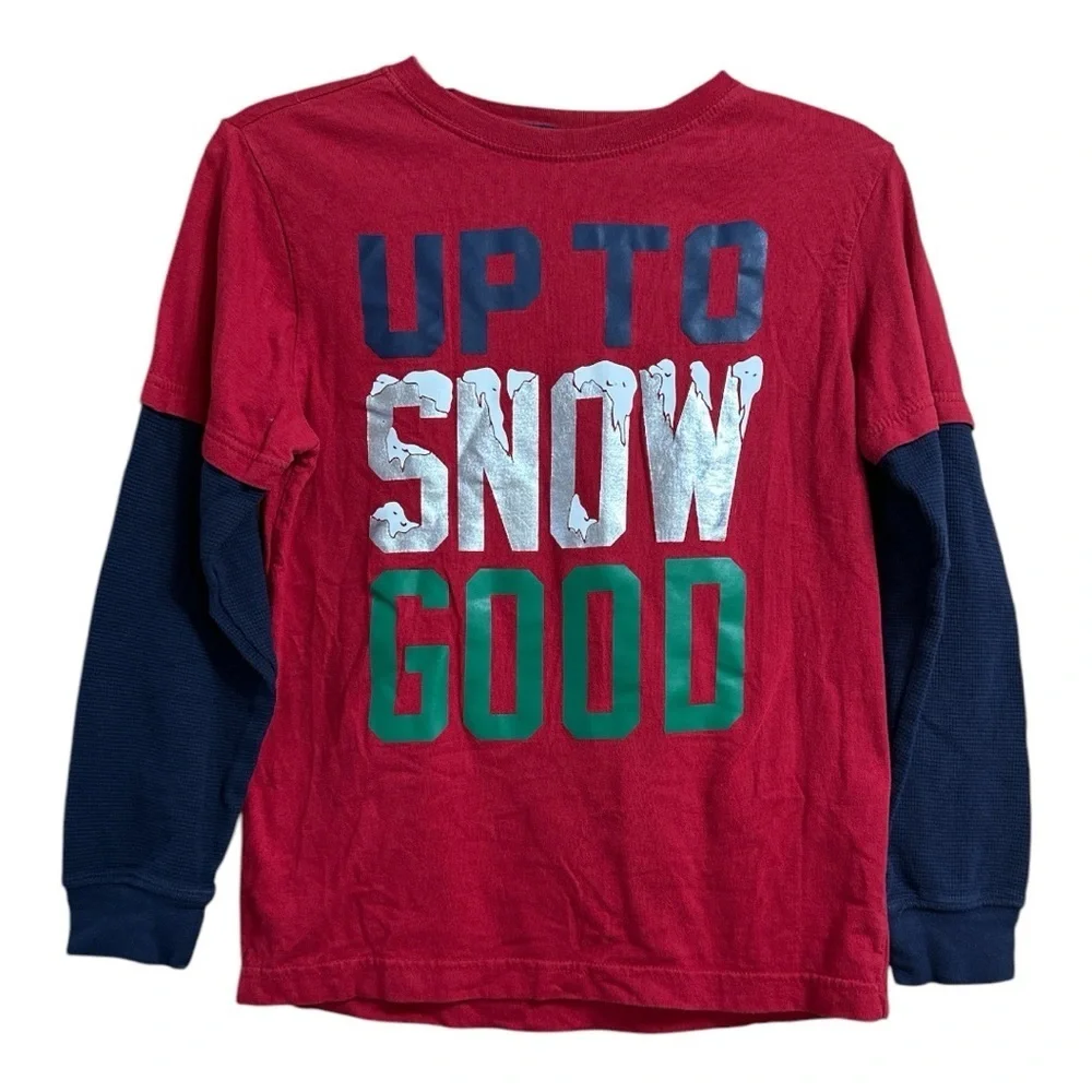 Gymboree Boy’s Red and Blue “Up to Snow Good” Graphic Long Sleeve Shirt, Sz 12